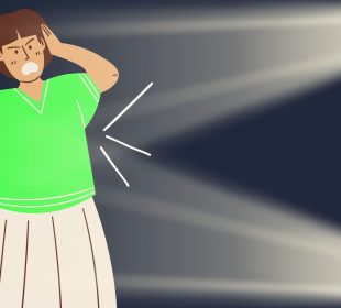 A graphic of headlights shining on someone in a neon green shirt in the dark.