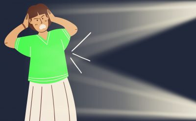 A graphic of headlights shining on someone in a neon green shirt in the dark.