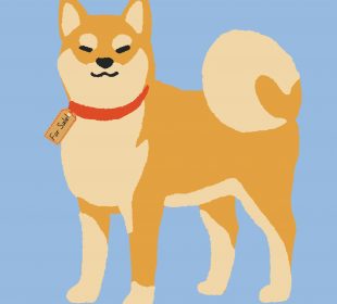A graphic of a Shiba dog with orange and cream coloured fur wearing a red collar that has a “for sale” tag on it.