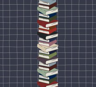 A sketch showing a tower of books reaching the ceiling.