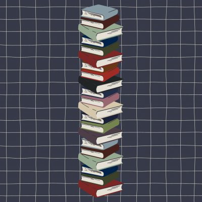A sketch showing a tower of books reaching the ceiling.