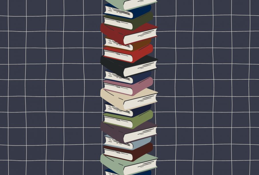 A sketch showing a tower of books reaching the ceiling.