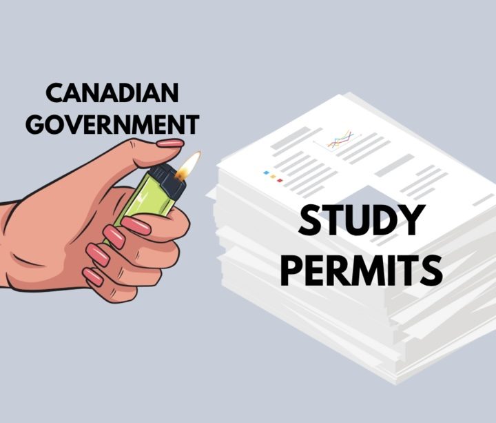 A hand marked “Canadian Government” holds a lit lighter to the left of a pile of papers marked “Study Permits