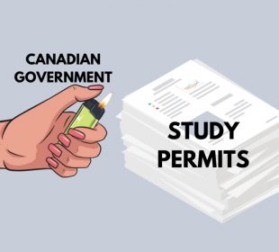 A hand marked “Canadian Government” holds a lit lighter to the left of a pile of papers marked “Study Permits