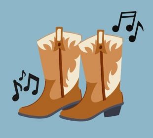 Cartoon cowboy boots surrounded by music notes, against a pale blue background.