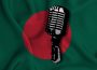 an illustration of a microphone is in front of the flag of Bangladesh. The microphone is in black and white, and the flag in red and green.