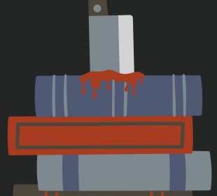 A sketch showing a stack of books, stabbed through with a knife.