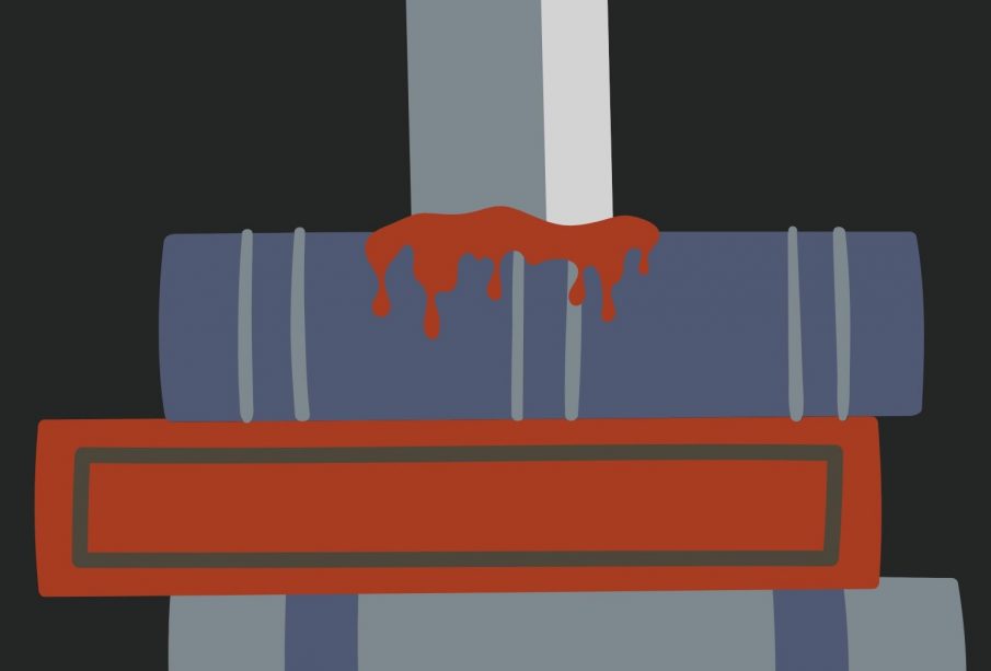 A sketch showing a stack of books, stabbed through with a knife.