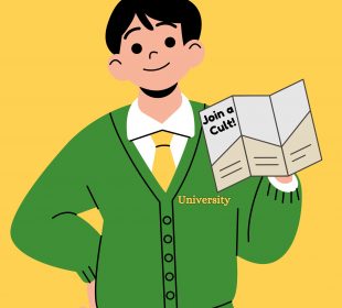 A person wearing a university sweater and holding a brochure that reads.