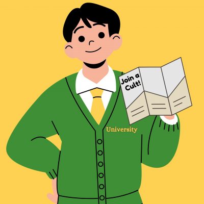 A person wearing a university sweater and holding a brochure that reads.