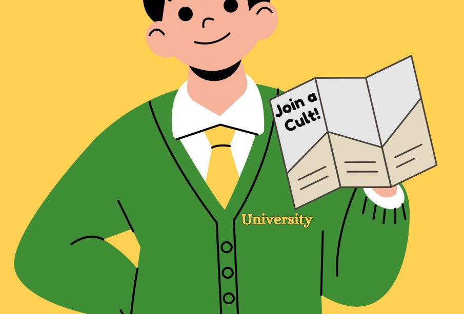A person wearing a university sweater and holding a brochure that reads.