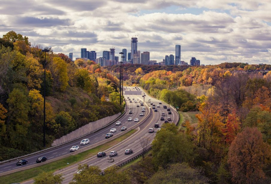 A photo of a winding road leading to the horizon.