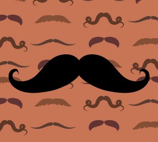 A large black graphic of a handlebar mustache on a light brown mustache-patterned background.