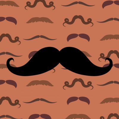 A large black graphic of a handlebar mustache on a light brown mustache-patterned background.