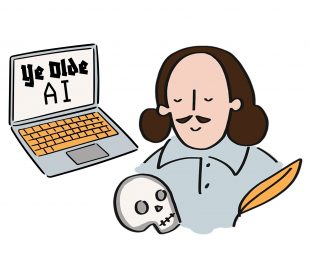 A sketch of Shakespeare on a laptop, using an AI app.