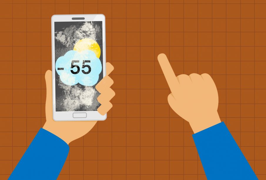 A smartphone screen shows -55 on a weather app, with the screen cracked in multiple spots.