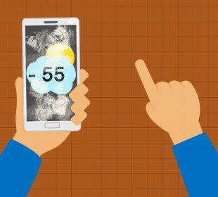 A smartphone screen shows -55 on a weather app, with the screen cracked in multiple spots.