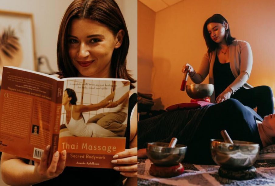 Allissa Hill, performing sound healing (right) and holding up a “Thai Massage” textbook (left).