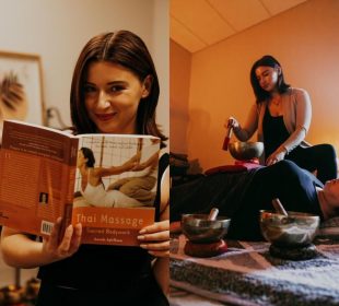 Allissa Hill, performing sound healing (right) and holding up a “Thai Massage” textbook (left).