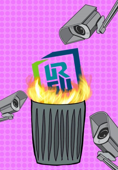 A graphic depicts a garbage can with the URSU logo on fire inside it, and several wall-mounted security cameras directed at it.