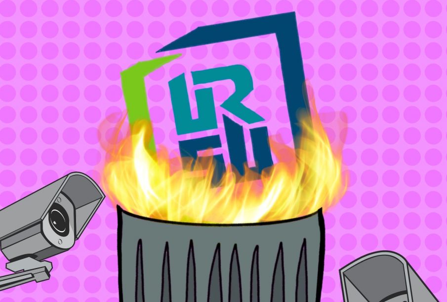 A graphic depicts a garbage can with the URSU logo on fire inside it, and several wall-mounted security cameras directed at it.