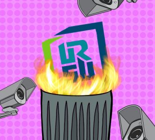A graphic depicts a garbage can with the URSU logo on fire inside it, and several wall-mounted security cameras directed at it.