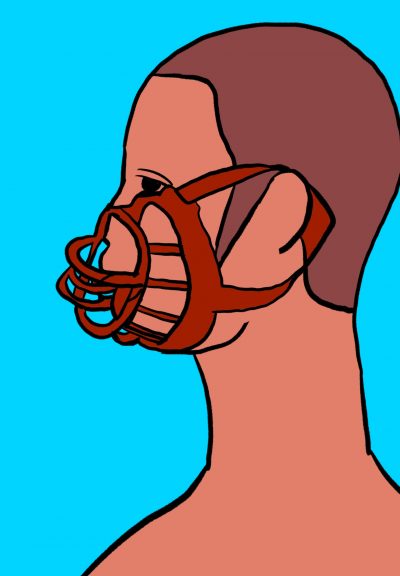 A sketch showing a person in profile, muzzled by a mask.