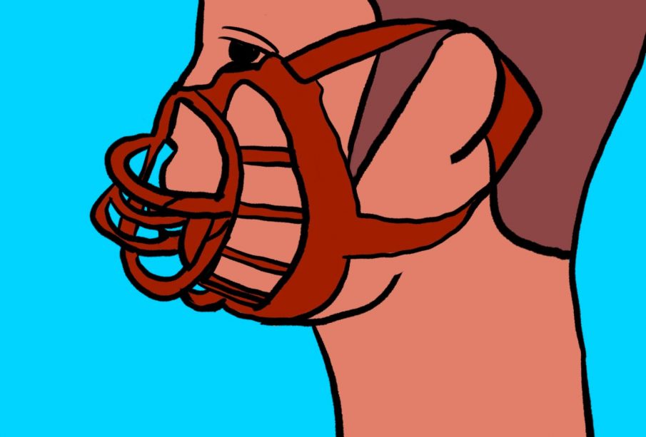 A sketch showing a person in profile, muzzled by a mask.