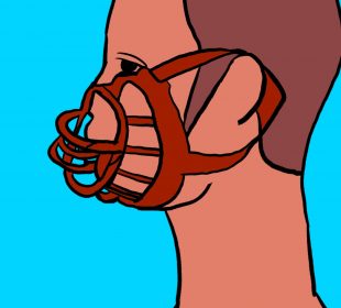 A sketch showing a person in profile, muzzled by a mask.