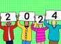 Four individuals in winter-type clothing hold up cards that form the number 2024.