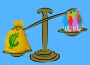 An image of a scale that’s weighing a bag of money and a group of people, the bag of money outweighing the group of people.
