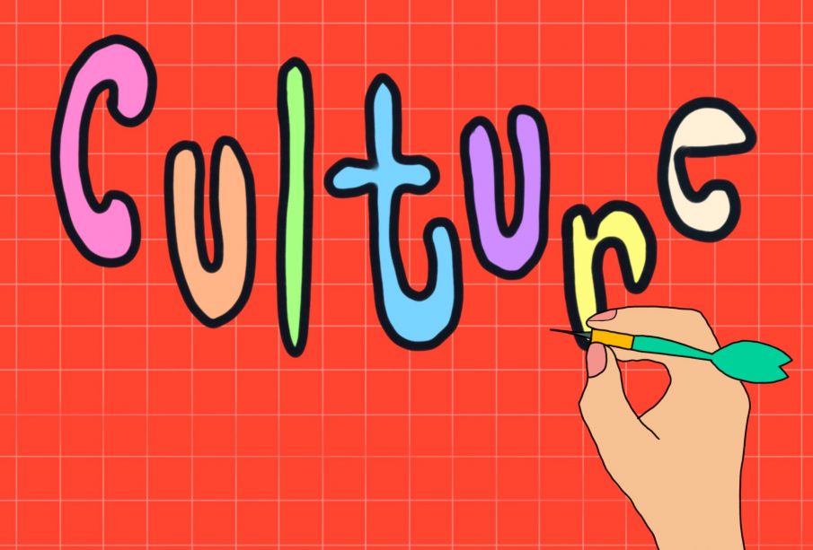 The word “Culture” is drawn in bubble letters and a person’s hand is poised to throw a dart at it, as a play on the term “pop culture.”