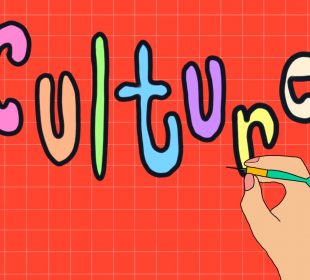 The word “Culture” is drawn in bubble letters and a person’s hand is poised to throw a dart at it, as a play on the term “pop culture.”