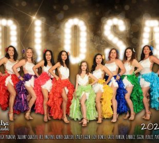 Salsa dancers lined up in front of a sign that says “DIOSA”.