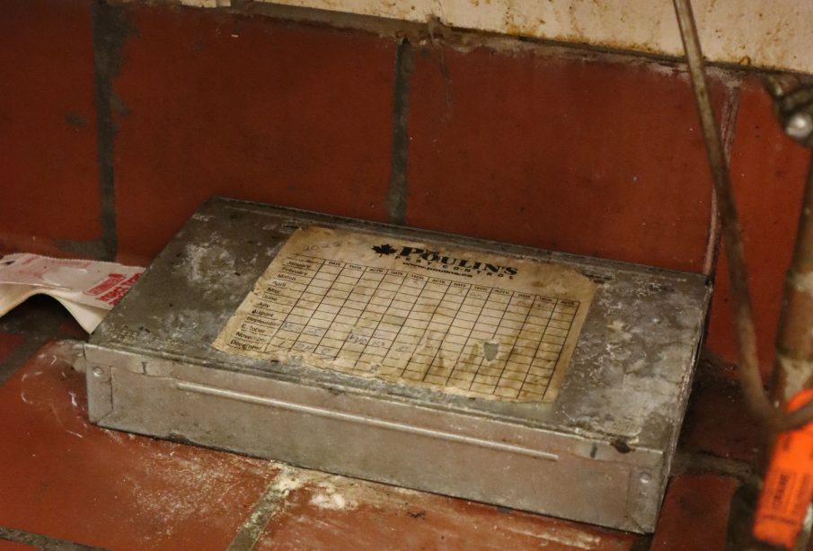 A Poulin’s Pest Control device and sticky trap sit underneath a sink.