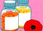 Three unlabelled, full pill bottles sitting beside a poppy flower.