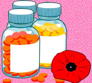Three unlabelled, full pill bottles sitting beside a poppy flower.