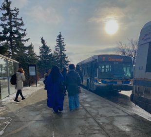 A photo of the Riddell Centre bus stop, with people lined up to board their buses