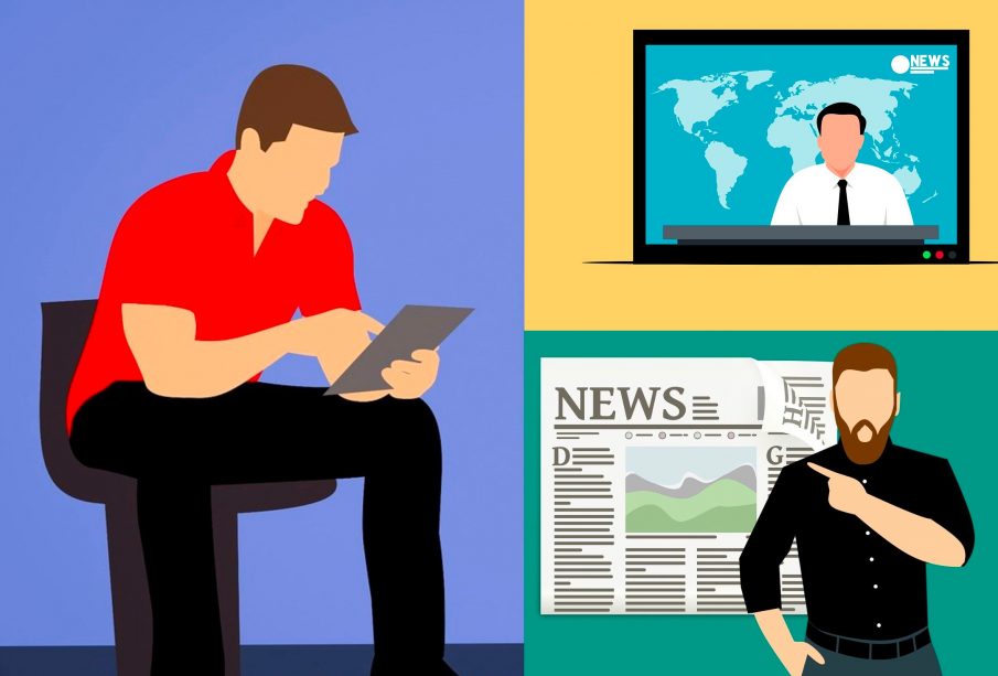 An illustration shows three people in three different settings. One is reading on a tablet. One is reading news on tv, and the third is standing in front of a large newspaper and pointing to it.