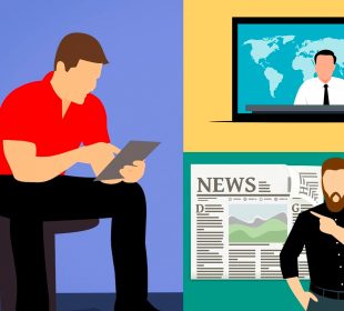 An illustration shows three people in three different settings. One is reading on a tablet. One is reading news on tv, and the third is standing in front of a large newspaper and pointing to it.