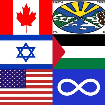 A compilation of the flags of Canada, Treaty Four, Israel, Palestine, the United States, and Métis in rows of two, described left to right and top to bottom.