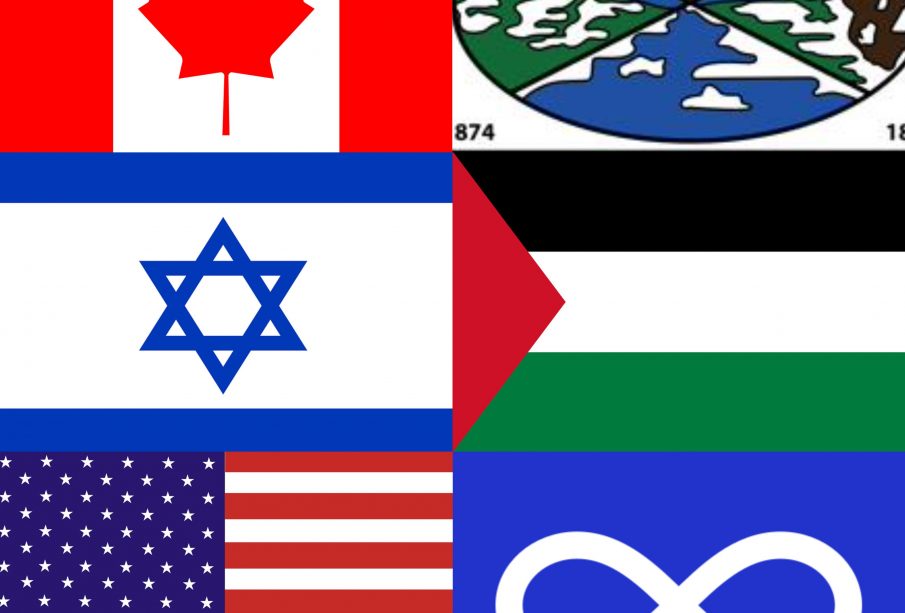 A compilation of the flags of Canada, Treaty Four, Israel, Palestine, the United States, and Métis in rows of two, described left to right and top to bottom.