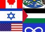 A compilation of the flags of Canada, Treaty Four, Israel, Palestine, the United States, and Métis in rows of two, described left to right and top to bottom.