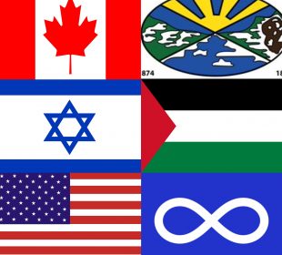 A compilation of the flags of Canada, Treaty Four, Israel, Palestine, the United States, and Métis in rows of two, described left to right and top to bottom.