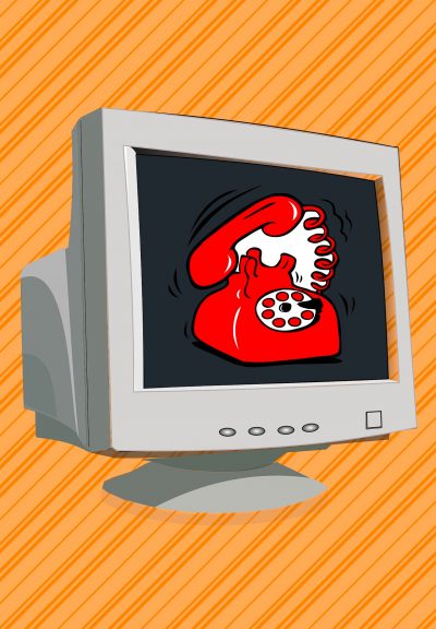 A visualization of the “Dial-up tone” on old computers as a play on words, with a brown box computer and a red corded landline rotary phone ringing on the screen.