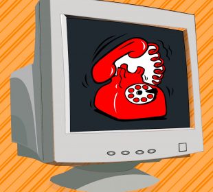 A visualization of the “Dial-up tone” on old computers as a play on words, with a brown box computer and a red corded landline rotary phone ringing on the screen.