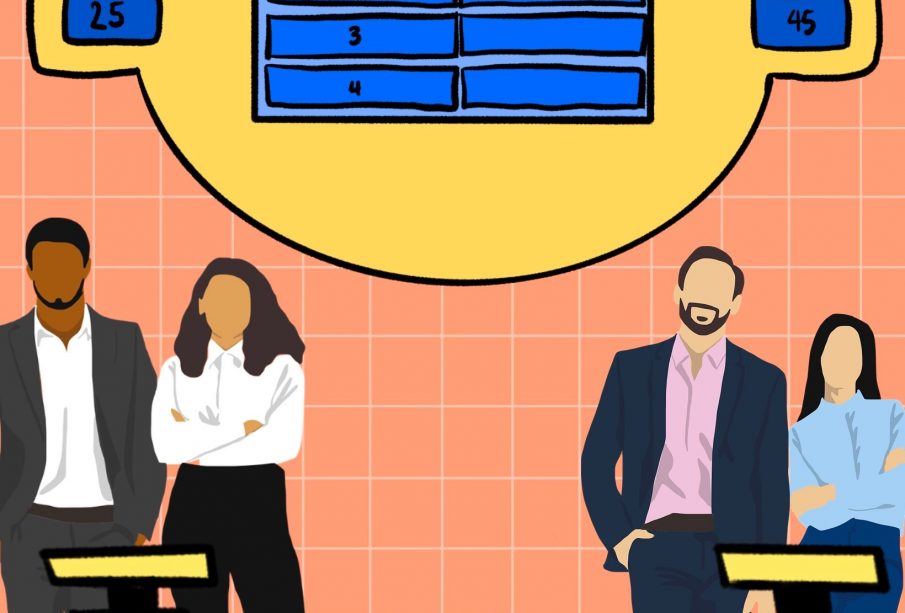 A Family Feud-style drawing with two contestant teams on each side with their own buzzer station in front of them. The team on the left has 25 points on the scoreboard, the team on the right has 45. None of the six answers, of eight spots, are flipped over on the board, and there is a large 0 at the top