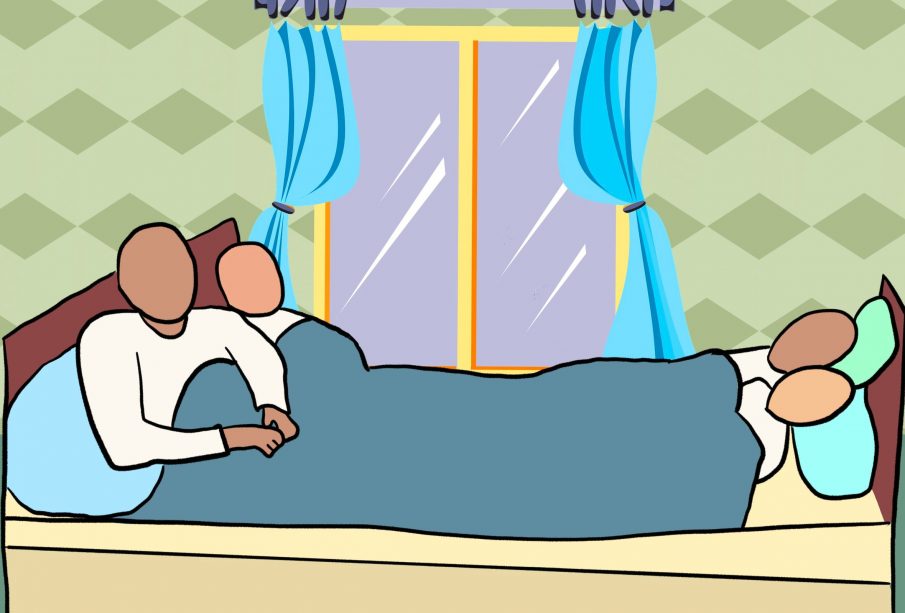 Four people sharing a single bed beside a curtained window.