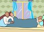 Four people sharing a single bed beside a curtained window.
