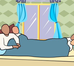 Four people sharing a single bed beside a curtained window.
